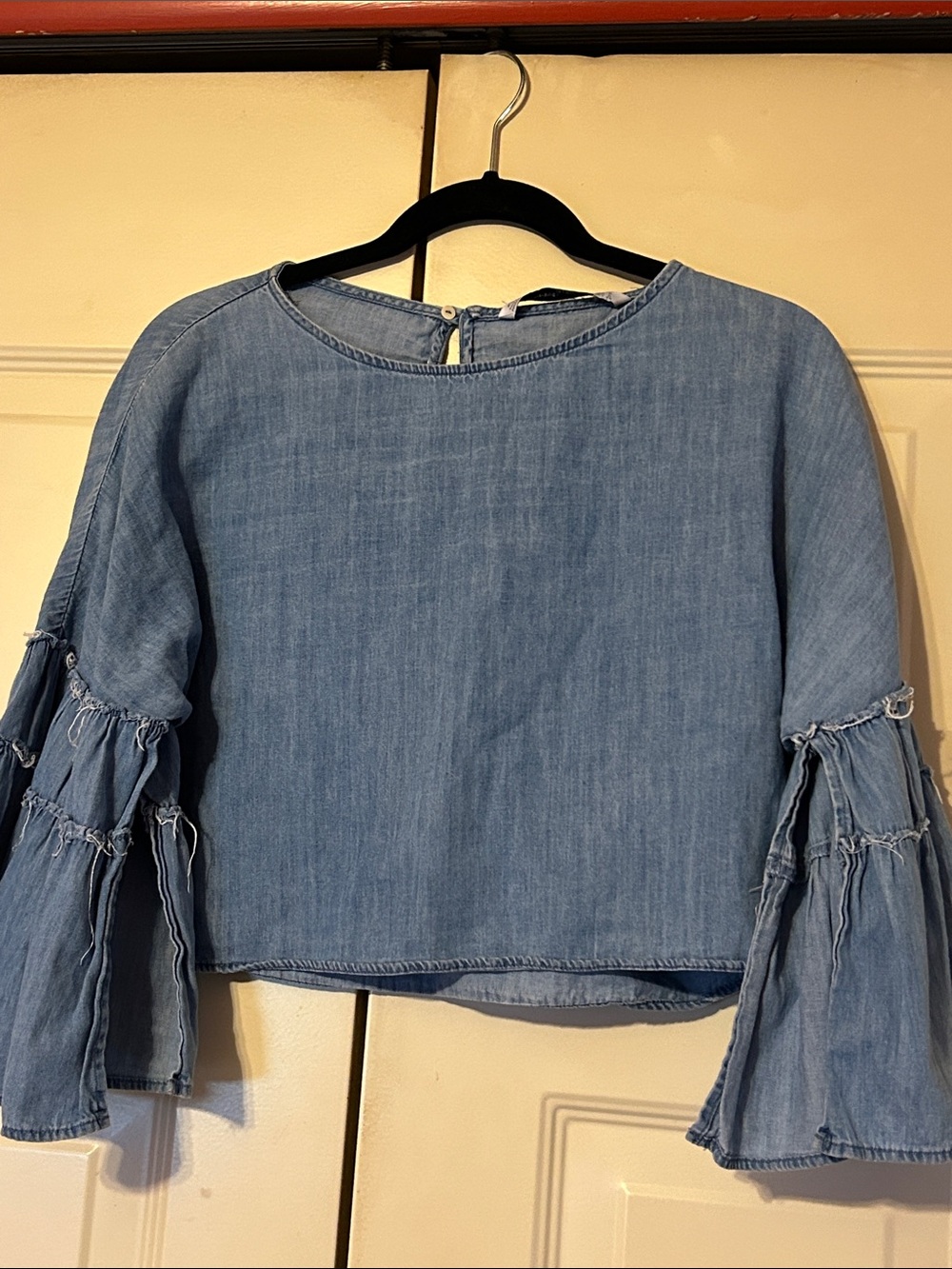 Zara TRF Light Blue Denim Bell-Sleeve Blouse